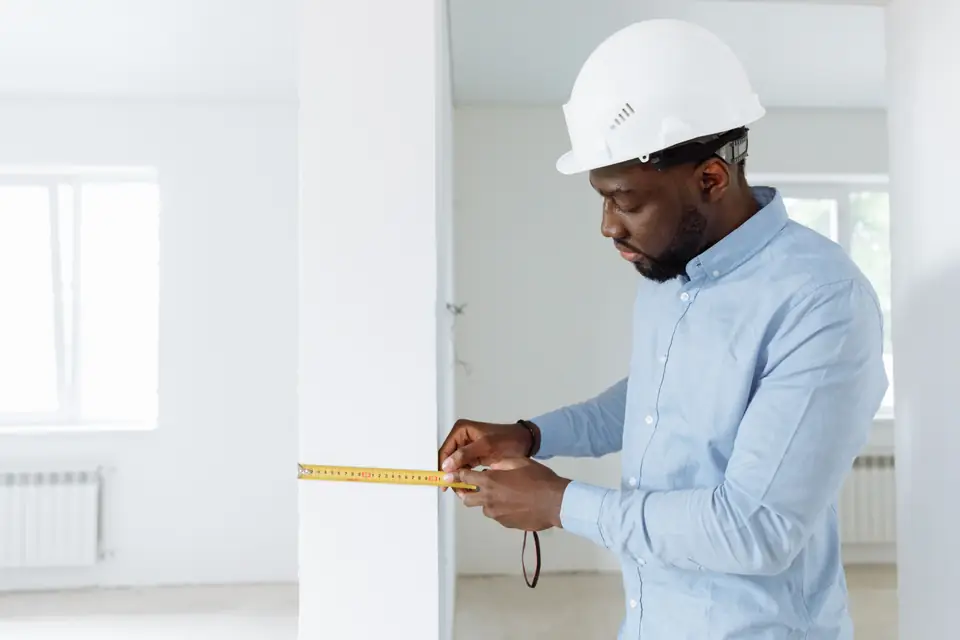 A tradesman in a white hard hat and light blue shirt measuring a wall with a tape in a bright empty room